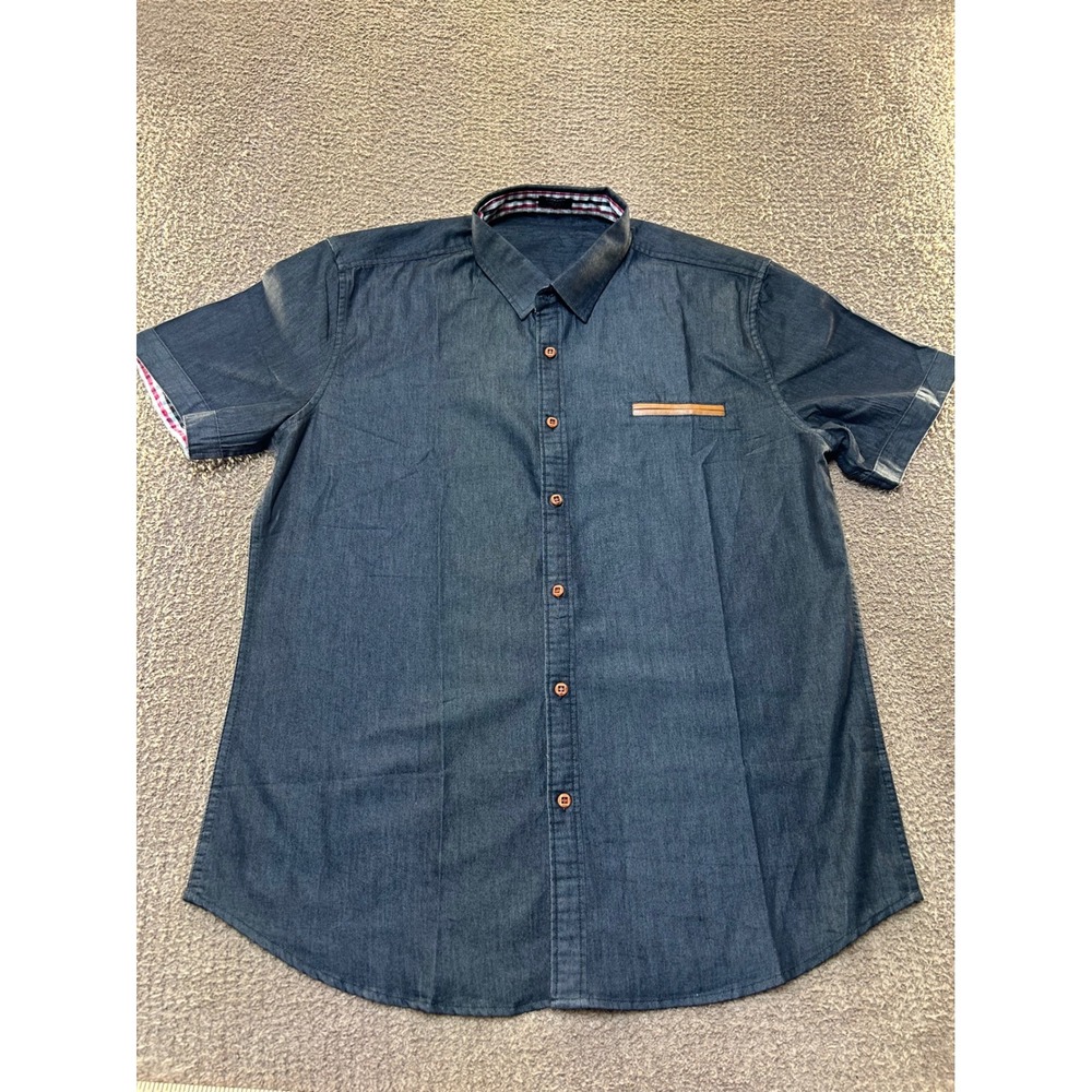 Coofandy Mens Short Sleeve Button Down Shirt Dark Blue Denim Look Plaid Trim L